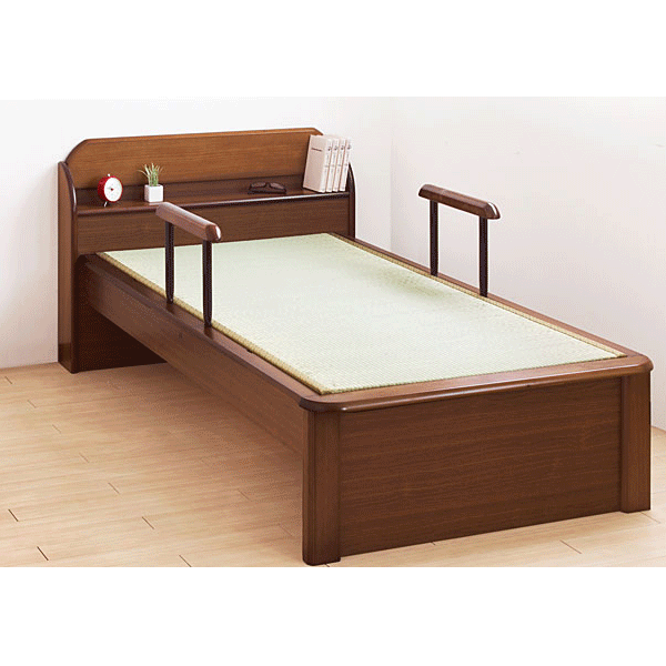 [シングル] 畳ベッド 日本製 手すり・宮棚付き 大川家具【超大型商品】〔11519001〕
