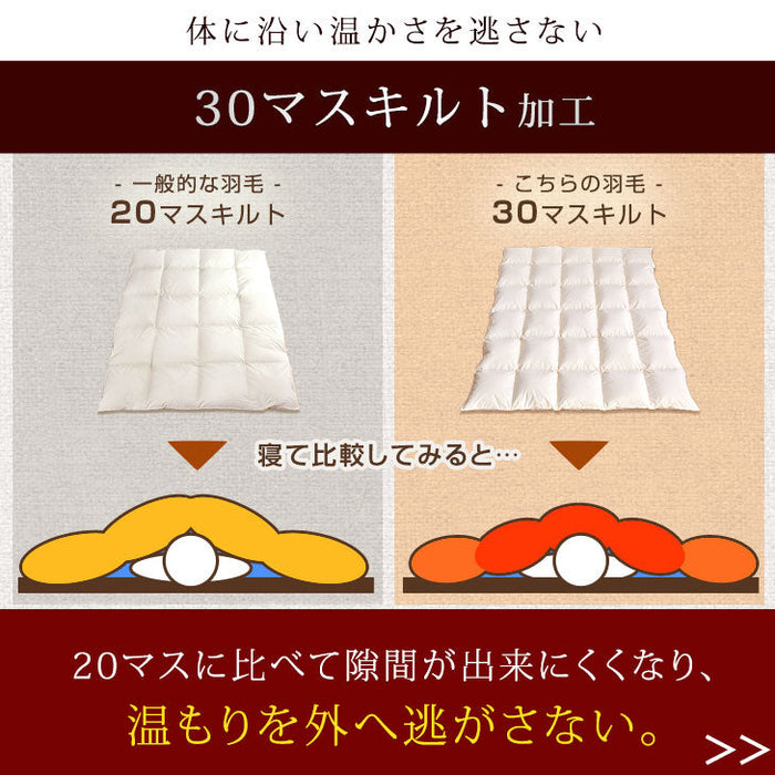 [シングル] 羽毛布団 超増量2.0kg ポーランド産ホワイトマザーグースダウン95% CILブラックラベル 30マスマチ高ボックスキルト 440dp かさ高180mm以上 7年保証 日本製 〔10106438〕