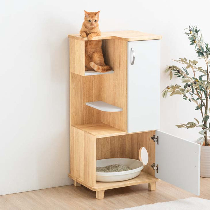 猫が遊べる！キャビネット ハイタイプ 天然木 収納 キャットタワー ペット用トイレ収納 木製 棚 猫砂飛散防止〔33010148〕