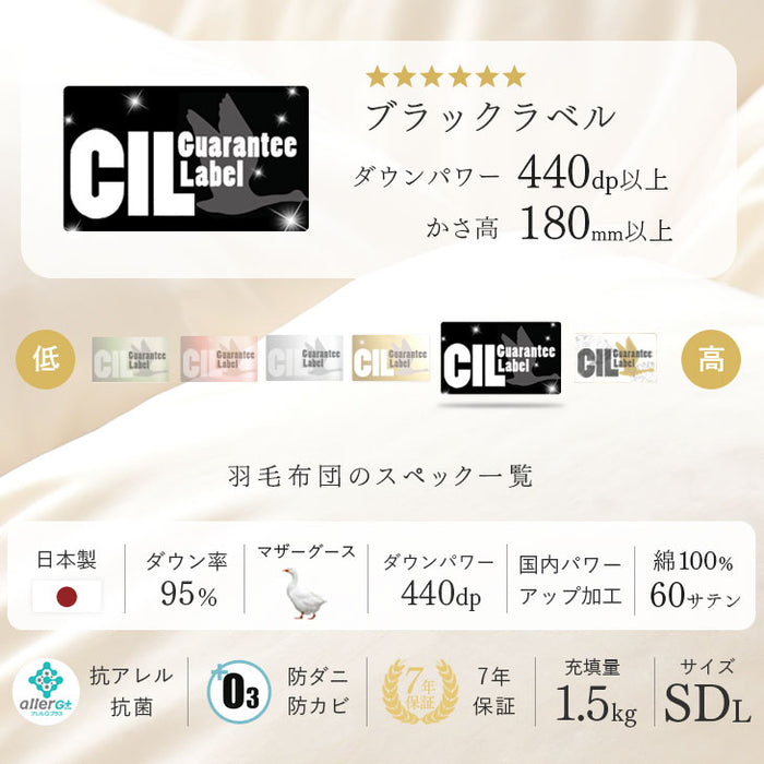 [セミダブル] 羽毛布団 増量1.5kg マザーグースダウン95％ CILブラックラベル 立体キルト 440dp以上 かさ高180mm以上 超長綿60サテン 日本製〔39100019〕