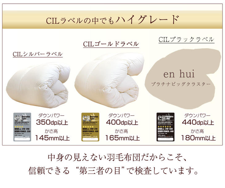 [シングル] 羽毛布団 ホワイトダックダウン95％ プラチナビッグクラスター CILブラックラベル 立体キルト 440dp以上 7年保証 日本製 〔39100057〕