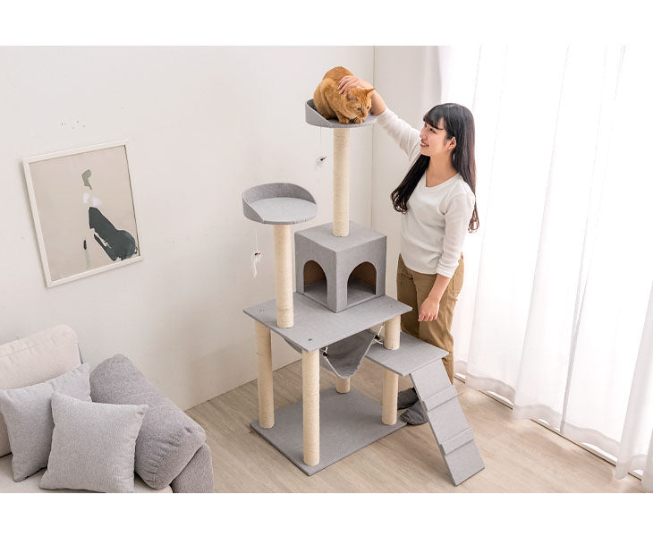 [高さ150cm] キャットタワー 支柱4本 ファブリック 据え置き 〔40900001〕