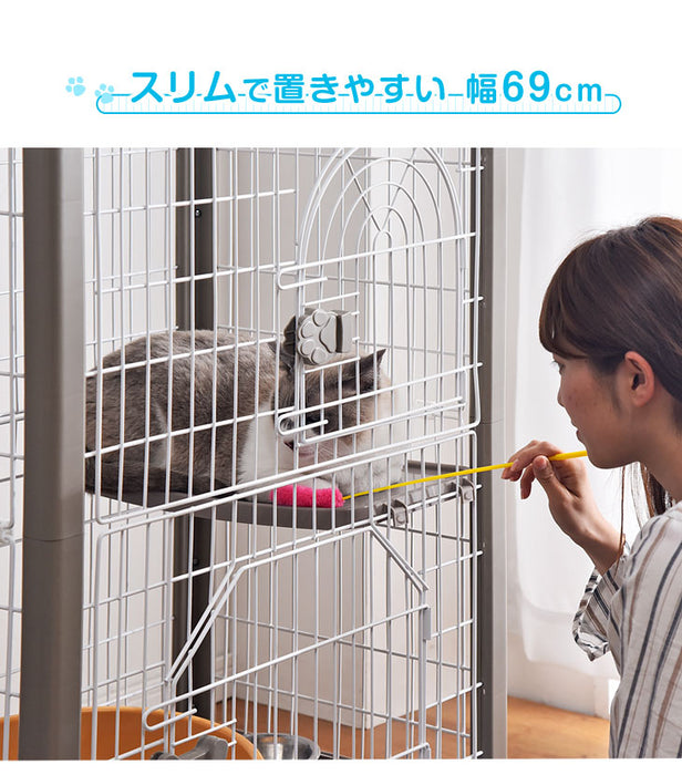 幅69cm 3段 キャットケージ コンパクト 引き出し 穴開きトレー ハイタイプ キャスター 脱走防止〔52800005〕〔52800005〕