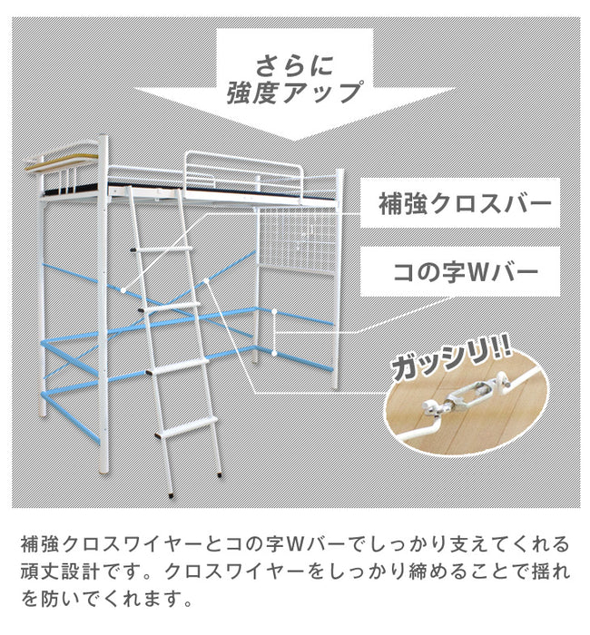 [シングル] 宮棚&2口コンセント付き ロフトベッド ハイタイプ はしご 衣類収納【超大型商品】〔65090049〕