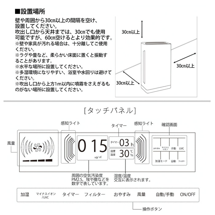 空気洗浄機 交換用フィルター付 マイナスイオン 加湿 30畳〔77800002〕