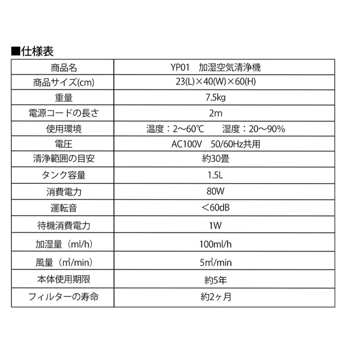 空気洗浄機 交換用フィルター付 マイナスイオン 加湿 30畳〔77800002〕