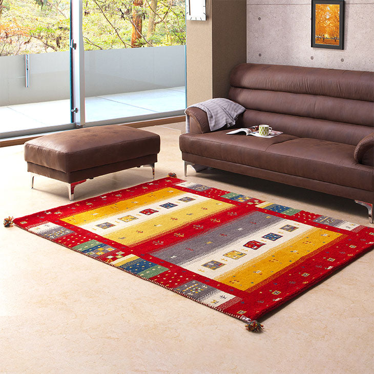 140×200cm] 手織り インドギャベ ウールラグマット 長方形 厚手 ウール