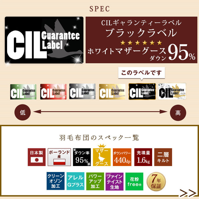 [ダブル] 1.6kg 羽毛布団 ポーランド産マザーグースダウン95％ CILブラックラベル 440dp 二層キルト 日本製 〔10119333〕