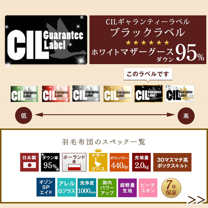 [シングル] 羽毛布団 超増量2.0kg ポーランド産ホワイトマザーグースダウン95% CILブラックラベル 30マスマチ高ボックスキルト 440dp かさ高180mm以上 7年保証 日本製 〔10106438〕